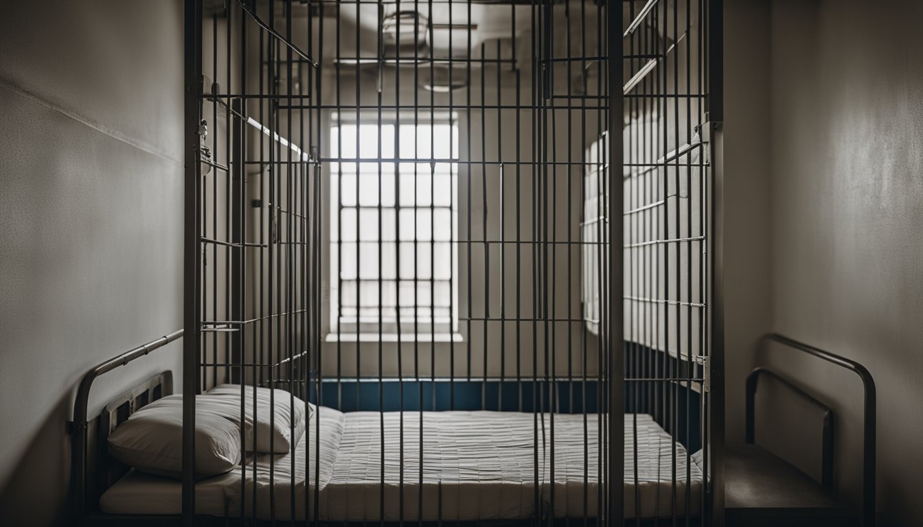 A dim, solitary prison cell with heavy metal bars, a small window high on the wall, and a narrow bed with a thin mattress